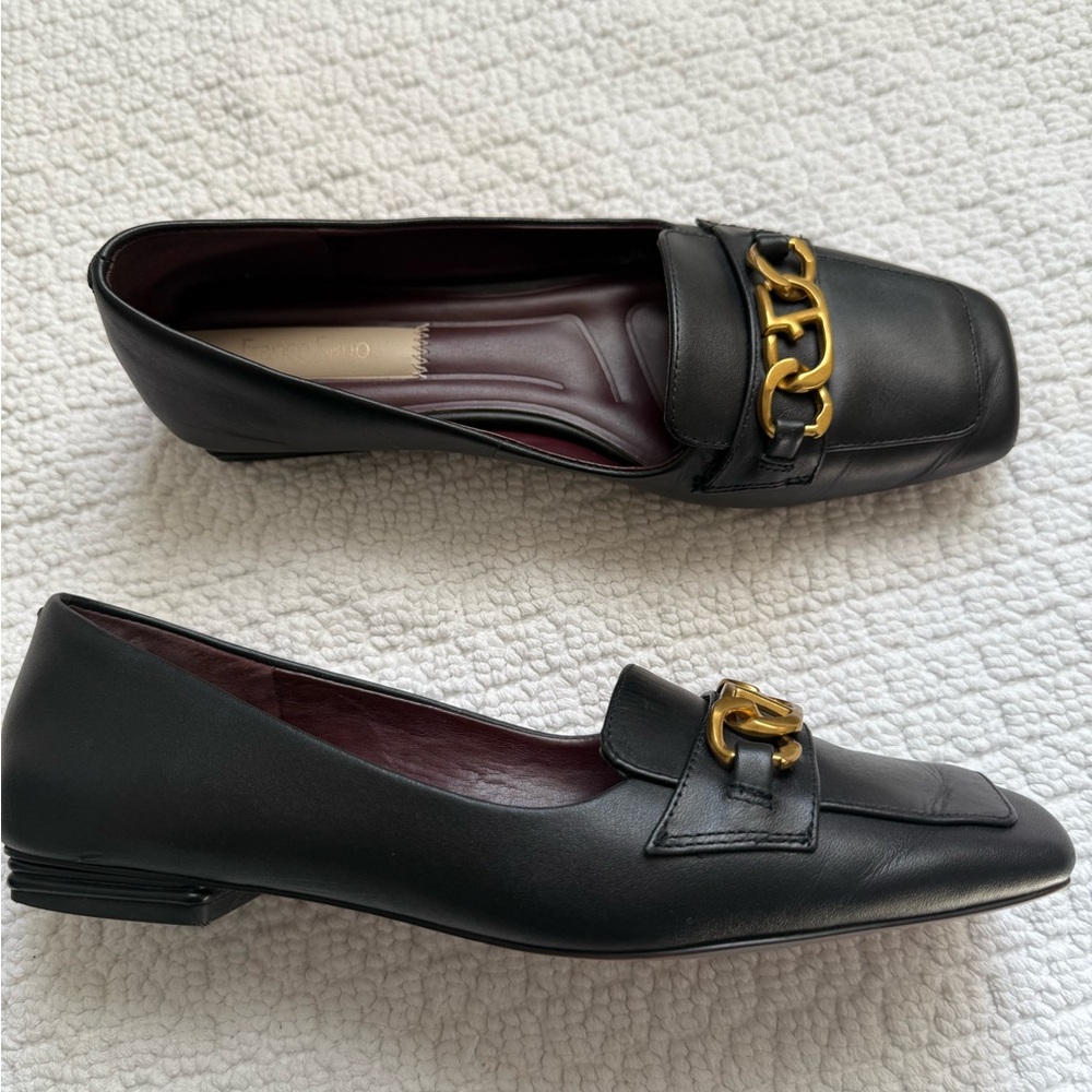 Franco Sarto Black Loafers with Gold Chain